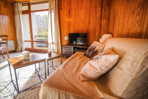 ein Schlafzimmer mit einem Bett und einem Tisch mit einem TV in der Unterkunft Les Tilleuls 24 - balcon vue montagne in Orcières