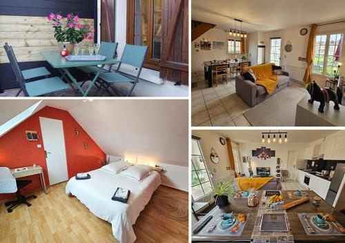 a collage of pictures of a bedroom and a living room at Ô P'tit Billard Baventais in Bavent
