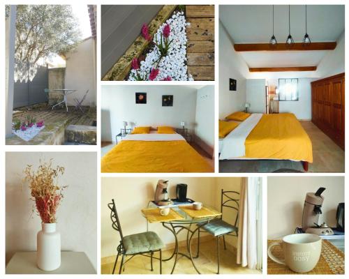 un collage de photos d'une chambre et d'une pièce dans l'établissement Studio en plein coeur du village, à Beaumes-de-Venise