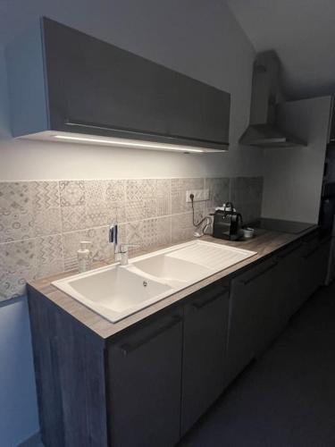 a kitchen with a white sink and a counter top at Appartement élégant, 2 chambres et terrasse Rofftop in Montélimar
