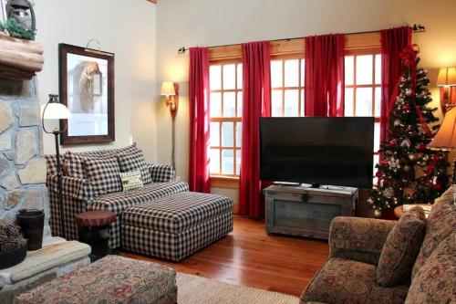 a living room with a christmas tree and a television at Quiet Getaway at Wayward Cottage in Pisgah