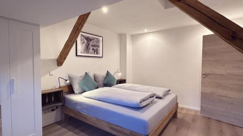 ein Schlafzimmer mit einem großen Bett mit blauen Kissen in der Unterkunft Heimatliebe Wohnung FÜNF in Erfweiler