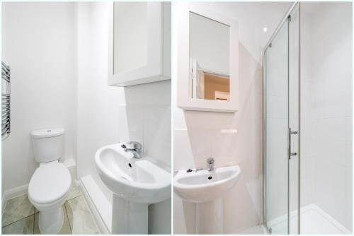 biała łazienka z toaletą i umywalką w obiekcie Cozy Studio Flat- Dalston Central w Londynie