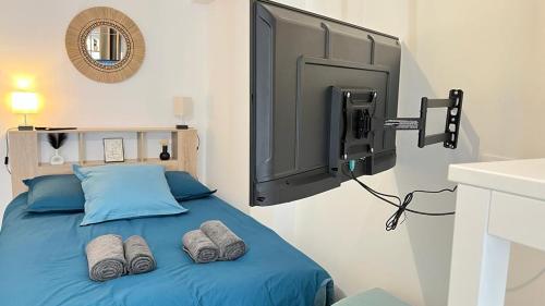 a bedroom with a bed with blue sheets and a mirror at Le bohème in La Houssaye-en-Brie