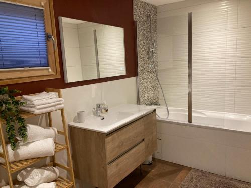 La salle de bains est pourvue d'une baignoire, d'un lavabo et d'une baignoire. dans l'établissement Renovated flat facing Mont Blanc, à Combloux
