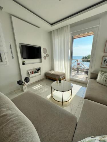 Beachfront Villa Athina في Vergia: غرفة معيشة مطلة على المحيط