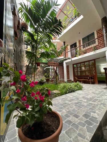 un patio con plantas y flores en un edificio en Hotel Ñuñurco Travellers, en Chachapoyas