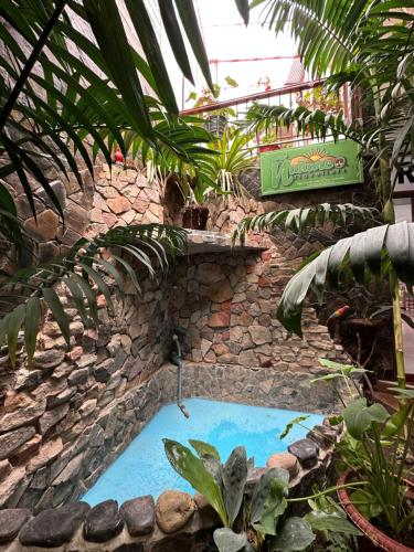 einen kleinen Pool in einer Steinmauer in einem Garten in der Unterkunft Hotel Ñuñurco Travellers in Chachapoyas