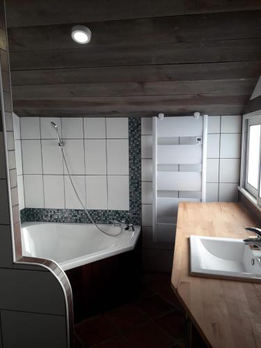 une salle de bain avec une baignoire et un lavabo dans l'établissement la paisible Landaise, à Sainte-Eulalie-en-Born