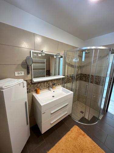 ein Badezimmer mit einem weißen Waschbecken und einer Dusche in der Unterkunft Apartment with balcony Hiša Brdo 48 in Bovec