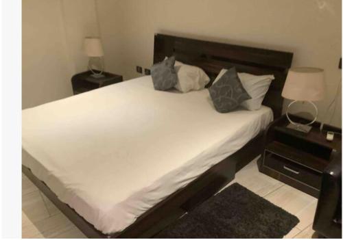 1 dormitorio con 1 cama blanca grande con almohadas en Wynn Apt - Luxe / Uninterrupted Power / Near Mall / Sleeps 3, en Kumasi