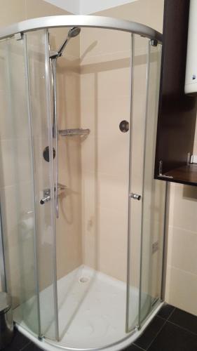 a shower with a glass enclosure in a bathroom at Blue Sea Horizon in Iraklitsa