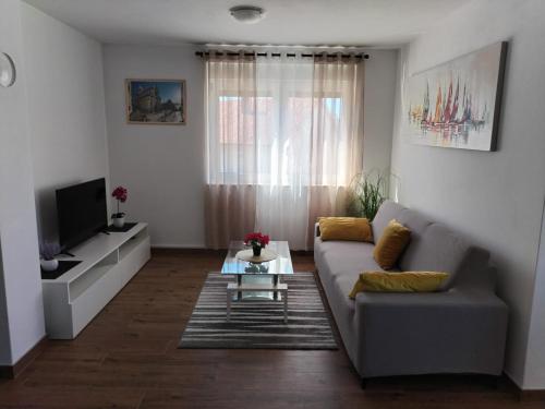 a living room with a couch and a tv at Apartman Petra in Brodarica