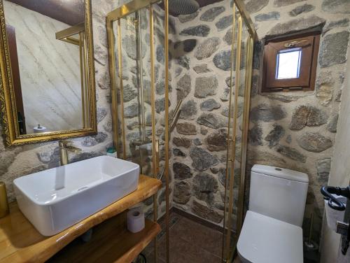 a stone bathroom with a sink and a toilet at Kompleks Etno Luks in Crvulevo