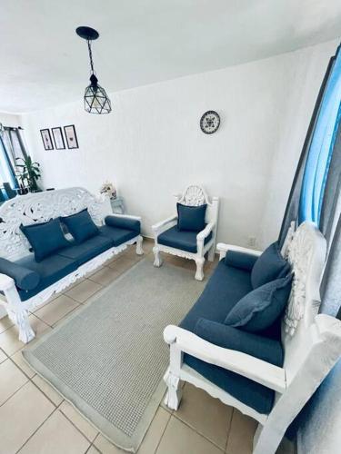 a living room with two blue and white furniture at Casa Azul in San Miguel in San Miguel de Allende