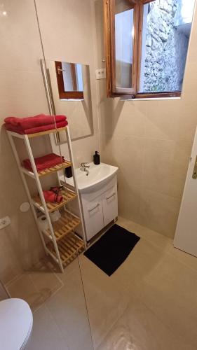 a small bathroom with a sink and a toilet at TRE SORELLE in Piran