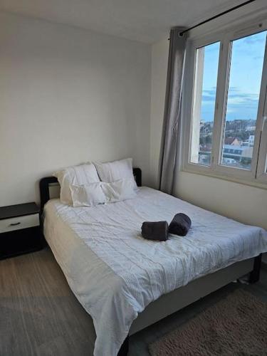 une chambre avec un grand lit avec une fenêtre dans l'établissement Bel appartement à Choisy-le-roi, à Choisy-le-Roi