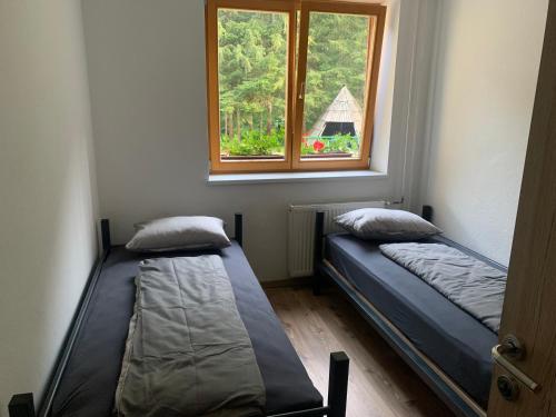 two beds in a room with a window at Črjanski Raj in Črna na Koroškem