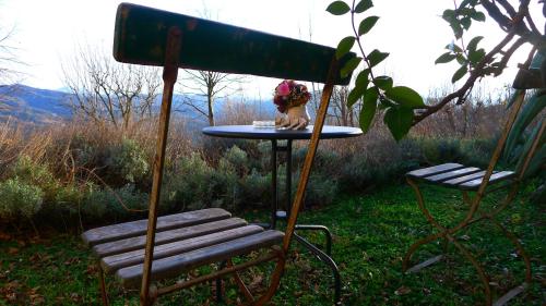 a table and a chair in the grass with a table and a table at Agriturismo Bellavista in Monte San Martino