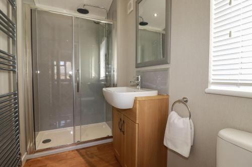 a bathroom with a shower and a sink at 23 Meadow Retreat in Liskeard