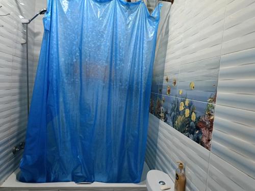 um chuveiro com uma cortina de chuveiro azul na casa de banho em شقه فندقيه em ‘Ezbet el-Insha