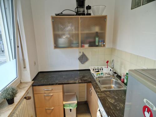 a small kitchen with a sink and a counter top at Schöne Wohnung zentral Dachau(20 min zum HBF München) in Dachau