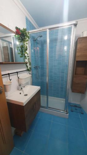 W łazience znajduje się szklana kabina prysznicowa i umywalka. w obiekcie Ría de Arousa w mieście Boiro