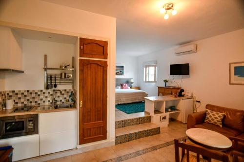 ein Wohnzimmer mit einer Küche und ein Schlafzimmer in der Unterkunft Tottam Art & Healthy Garden in Málaga