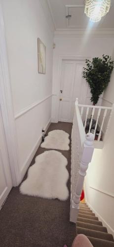 a room with a staircase with white carpeting and white carpet at Diamond in Abbey Wood