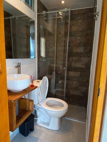 a bathroom with a toilet and a shower and a sink at Cabaña de Lujo, Isla El Faro in Prado