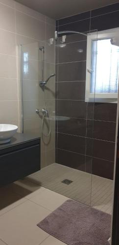 une salle de bain avec une douche en verre et un lavabo dans l'établissement ARGELES sur MER APPT RDC CADAQUES TOUT CONFORT JARDIN PISCINE PARKING WIFI, à Argelès-sur-Mer