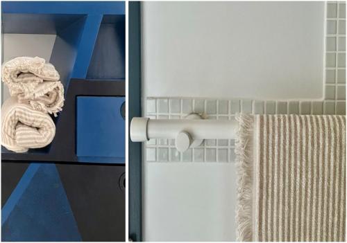 zwei Bilder eines Badezimmers mit einem Handtuch in der Unterkunft Villa Amahe - Chambres d'hôtes au coeur de Piriac sur Mer in Piriac-sur-Mer