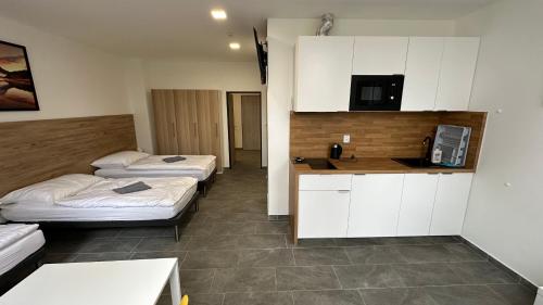 a room with three beds and a counter with a microwave at Hotel Hangar in Mošnov
