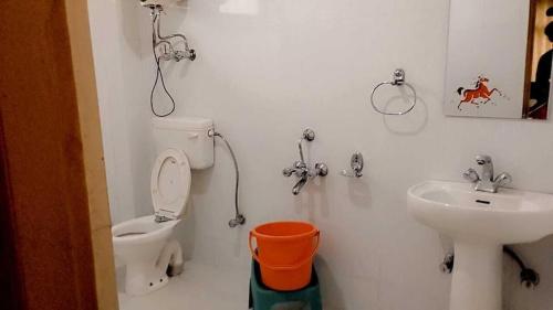 a bathroom with a toilet and a sink at Hotel Seraj International , Aleo Hill View in Manāli