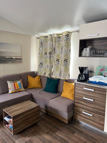 un salon avec un canapé et une fenêtre dans l'établissement Mobile-Home 4 personnes Camping 5*, à Saint-Georges-de-Didonne