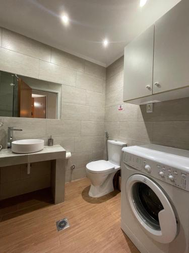a bathroom with a toilet and a washing machine at Spyros Apartment in Paleo Tsifliki