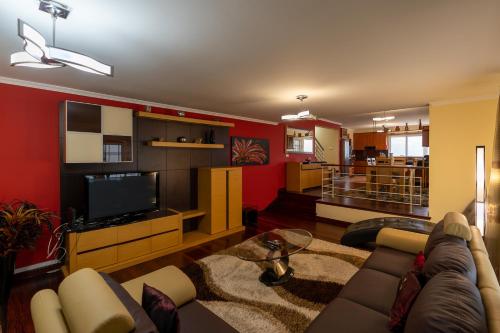 a living room with a couch and a tv at The Mountain View, By OP in São Vicente