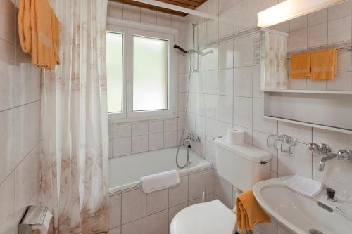 a bathroom with a toilet and a sink and a tub at Hotel Park in Fiesch