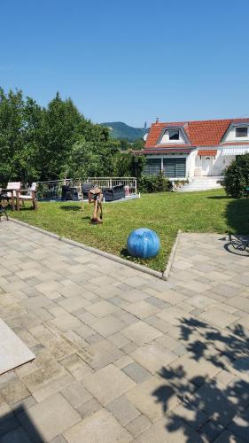 einen Spielplatz mit blauem Ball auf dem Rasen in der Unterkunft Villa 3 chambres piscine Croatie in Donje Makojišće