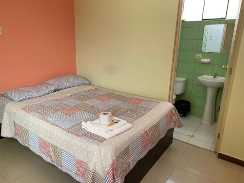 1 dormitorio con cama con lavabo y aseo en Rooms MD y FS, en Huancayo