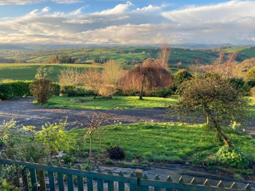 a view of a garden with trees and a fence at Bryntirion Farmhouse Apartment with Hot Tub in Llanfair Caereinion