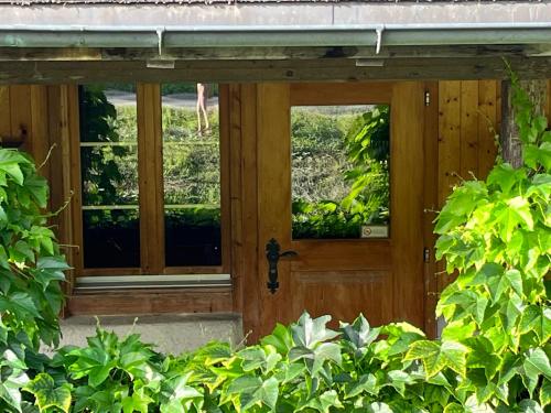 a wooden door with two windows in a garden at Chalet ALPEN LOTUS in Innertkirchen