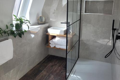 a bathroom with a glass shower stall with a sink at Sgwâr in Menai Bridge