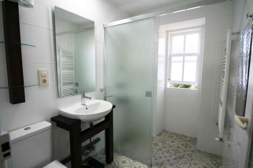 uma casa de banho com um lavatório e uma cabina de duche em vidro. em Casa rústica con Piscina y finca en Costa da Morte em Cores