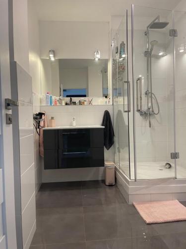 a bathroom with a sink and a shower at Promienna Rezydencja - bright holiday home in Wolin