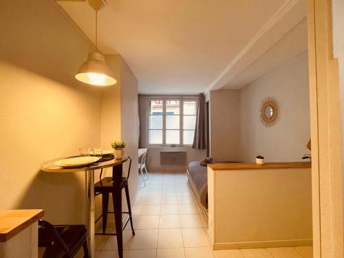 Il comprend une cuisine et un salon avec une table. dans l'établissement Le Studio bon enfant - 307, à Rouen