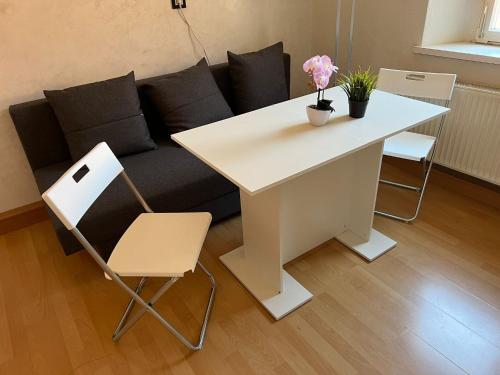 een woonkamer met een witte tafel en een bank bij Privatzimmer im Herzen von Iphofen in Iphofen