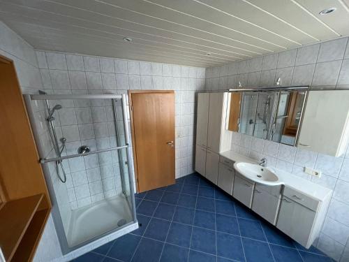 een badkamer met een wastafel, een douche en een toilet bij Privatzimmer im Herzen von Iphofen in Iphofen