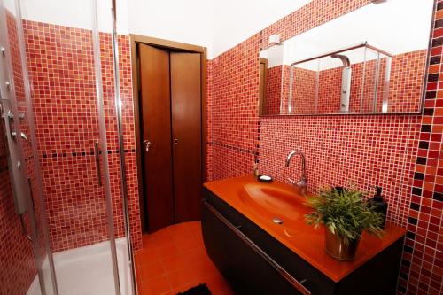 ein rot gefliestes Bad mit einem Waschbecken und einer Dusche in der Unterkunft Isonzo Home in Cosenza