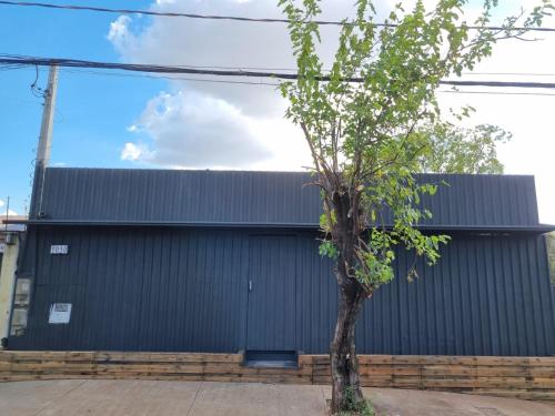 un edificio negro con un árbol delante de él en Kitnet na melhor localização JD Paulistano en Ribeirão Preto